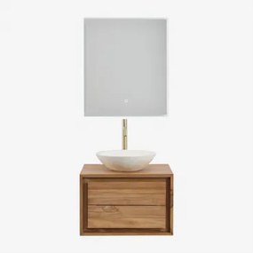 Conjunto De Móvel De Casa De Banho Suspenso Em Madeira De Teca Jabari Madeira De Teca & Cimento Redondo Branco Ø40 Cm Zavion & Led - Sklum