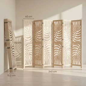 Biombo de interior em madeira com 6 painéis, 240 x 170 cm, dobrável e portátil, com padrão de folhas, design amovível, madeira natural