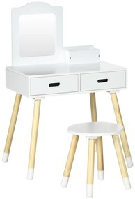 Toucador Infantil Toucador de Madeira Infantil com Banco Espelho e 2 Gavetas Brinquedo Educativo para Crianças de 3-6 Anos 60x40x95cm Branco