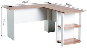 Mesa de Computador PC Escritório para Oficina Casa Tipo Esquineira Forma L com Estantes Madeira - 136.2x130.4x72cm