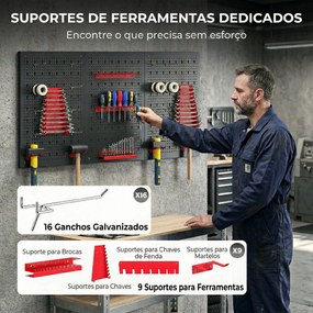 Organizador de Ferramentas de Parede com 28 Peças cada painel 60x40 cm com Ganchos e Suportes Preto e Vermelho