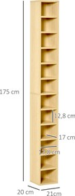 Organizador para CD e DVD , 21 x 20 x 175 cm, estante vertical, móvel de arrumação com 12 compartimentos, capacidade máxima de 204 CD, madeira natural