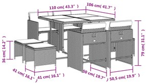 9 pcs conjunto de jantar p/ jardim c/ almofadões vime PE cinza