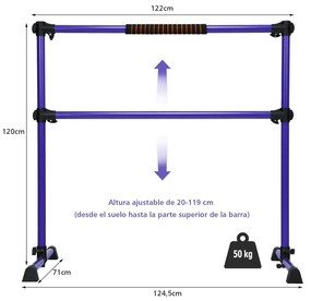 Barra dupla para ballet portátil com altura ajustável para meninas Adultos Fitness Dançar Alongar músculos 124,5 x 71 x 120 cm Violeta