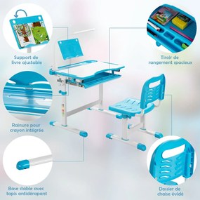 Conjunto de mesa e cadeira infantil com iluminação LED, tampo inclinado e gaveta extraível com altura ajustável, cinza