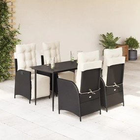 5 pcs conjunto de jantar p/ jardim c/ almofadões vime PE preto