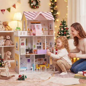 Casa de bonecas de madeira 102 x 34 x 120,5 cm com 3 andares para crianças a partir de 3 anos, com varanda, jardim, 16 acessórios, móveis, rosa