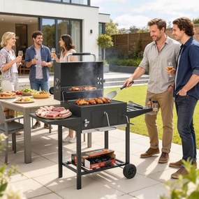 Grelhador a Carvão com Bandeja Ajustável, Prateleiras Dobráveis, Rodas, Termómetro, Tampa, Chaminé, Ventilação e Cesto
