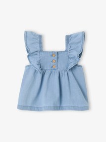 Blusa de mangas curtas com folhos, em ganga leve, para bebé ganga bleached