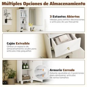 Armário de casa de banho 40 x 30 x 172 cm estreito  com 3 prateleiras abertas, 1 gaveta, 1 porta e prateleira ajustável branco