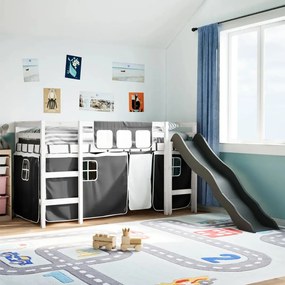 vidaXL Cama alta criança c/ cortina 80x200cm pinho maciço branco/preto