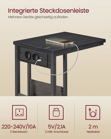 Mesa de apoio em forma de C com 2 tomadas eletricas 30 x 40 x 62 cm preto