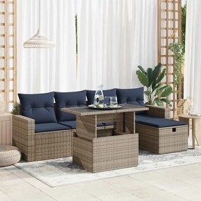 6 pcs conj. sofás jardim c/ almofadões vime PE/acácia castanho