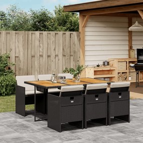 vidaXL 7 pcs conjunto de jantar p/ jardim c/ almofadões vime PE preto
