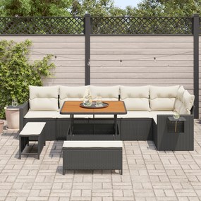 Conjunto de Sofá de Jardim de 9 Peças com Almofadas Vime Preto Acácia