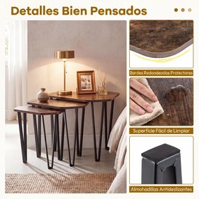 Conjunto de 3 Mesas de Centro Empilháveis, 58,5 x 52,5 x 45,5 cm, Estrutura Metálica, Castanho