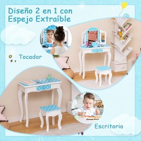 Conjunto Toucador e banco para meninas com espelho com estampado de bolinhas e gaveta Azul e branco