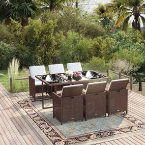 vidaXL 7 pcs conjunto jantar p/ jardim c/ almofadões vime PE castanho