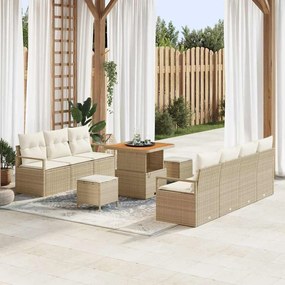 vidaXL Conjunto de Sofá de Jardim de 10 Peças com Almofadas Bege de Polirattan e Acácia