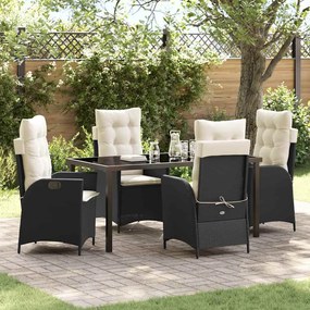 vidaXL Conjunto de Jantar de 5 Peças para Jardim com Almofadas Preto Rattan PE