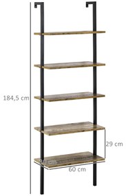 HOMCOM Estante de Escada com 5 Prateleiras Estante de Livros de Parede com Estrutura de Metal para Sala de Estar Escritório Estilo Industrial Carga máxima 25kg 60x30x184,5cm Marrom