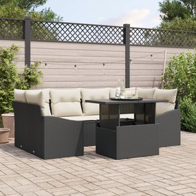Conjunto de Sofá de Jardim de 7 Peças com Almofadas em Rattan Preto