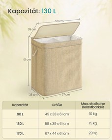 Cesto para roupa suja de 130 litros 67 x 44 x 61 cm em bambu com 2 compartimentos e tampa, cor natural