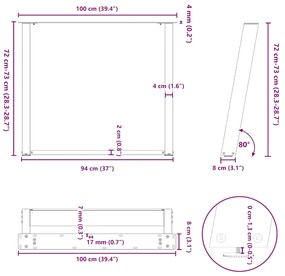 Pernas p/ mesa de jantar 2 pcs em forma de U 100x(72-73) cm aço