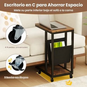Mesa Auxiliar em Forma de C com Rodas Mesa de Sofá Industrial de 3 Níveis com Estrutura de Metal 40 x 28 x 59 cm Castanho Rústico