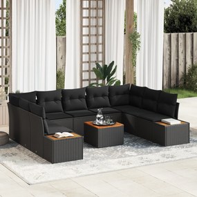 vidaXL Conjunto de Sofá de Jardim com 10 peças e almofadas - Rattan Polipropileno Preto e Acácia
