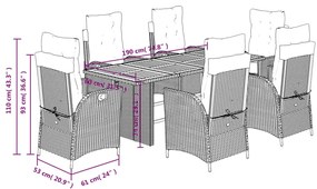 7 pcs conjunto de jantar p/ jardim c/ almofadões vime PE cinza