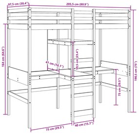 Cama alta c/ secretárias/prateleiras 90x200 cm pinho branco