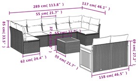 9 pcs conjunto de sofás p/ jardim c/ almofadões vime PE preto