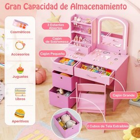 Toucador infantil com espelho iluminado e cadeira de princesa com luzes Estantes e gavetas crianças rosa