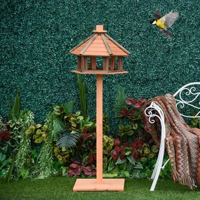 Outsunny Casa para Pássaros de Pé de Madeira Maciça Ø52x130cm com Teto Comedouro para Aves Silvestres para Exterior Jardim Natural
