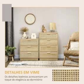 HOMCOM Cómoda com 4 Gavetas de Vime Cómoda de Madeira para Dormitório Sala de Estar Estilo Boêmio 60x38x88,5 cm Madeira