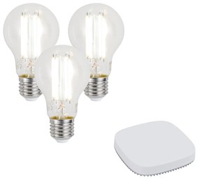 Conjunto de 3 lâmpadas LED E27 inteligentes reguláveis A60 7W 806LM 2700-6500K incl. Zigbee Smart Hub