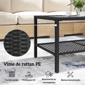 Mesa de Centro de Jardim em Ratã com Prateleira e Tampo de Vidro Temperado Estrutura de Aço 92x50x45 cm Preto