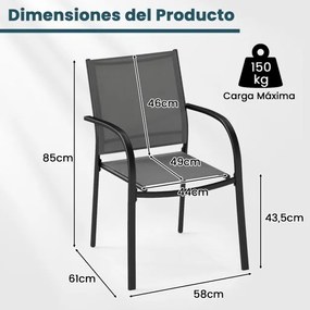 Conjunto de 2 cadeiras de jardim empilháveis de metal com assento e encosto respiráveis para jardim, piscina, varanda Cinza
