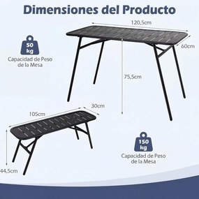 Conjunto de 3 Peças, Mesa de Piquenique e 2 Bancos Dobráveis, 120 x 60 x 75 cm, Estrutura Metálica, Preto