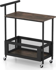 Mesa apoio ou carrinho de Cozinha 60 x 40 x 72 cm com Rodas e Pega 2 Níveis Prateleira Aberta e Cesto de Malha para Sala, Quarto, Cozinha Castanha Rús