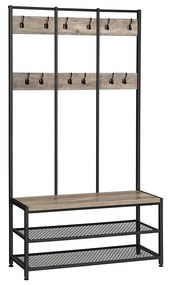 Cabideiro largo com 12 ganchos e banco para sapatos, em design industrial. | VASAGLE | 100 x 40 x 184 cm | branco|preto | HSR086B02.