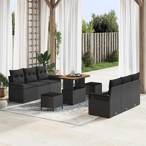 Conjunto de Sofás de Jardim vidaXL de 9 Peças com Almofadas Rattan Poliéster Acácia Preto