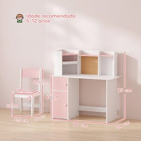 Secretária Infantil com Cadeira, Suporte Ajustável para Tablet, Porta-lápis, Quadro de Cortiça, Estantes e Armários, Rosa