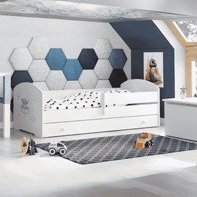 Cama infantil branca LUK urso azul 160x80 com gaveta - colchão e estrado incluído