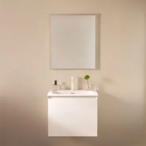 Conjunto De Móvel De Casa De Banho Suspenso Em Madeira Com Lavatório Integrado Macrae Branco & Led Retangular E Anti-embaciamento 60x70 Cm - Sklum