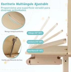 Secretária infantil 100 x 60 x 111-135 cm com estante e gaveta em altura com superfície inclinável Prateleiras Atril e porta-lápis azul