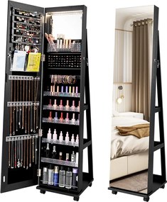 Armário para joias com fechadura 40 x 38 x 164 cm com Espelho de maquilhagem LED com 3 cores Prateleiras ajustáveis e rodas universais Preto