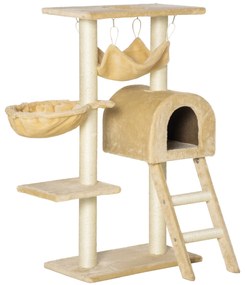 PawHut Árvore para Gatos Arranhador com Poste Ninho Cesta Rede Plataforma Casa e Escada de Veludo e Sisal Natural 54x29,5x98 cm Bege | Aosom Portugal