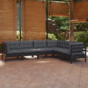 vidaXL 6 pcs conjunto lounge jardim c/ almofadões pinho maciço preto